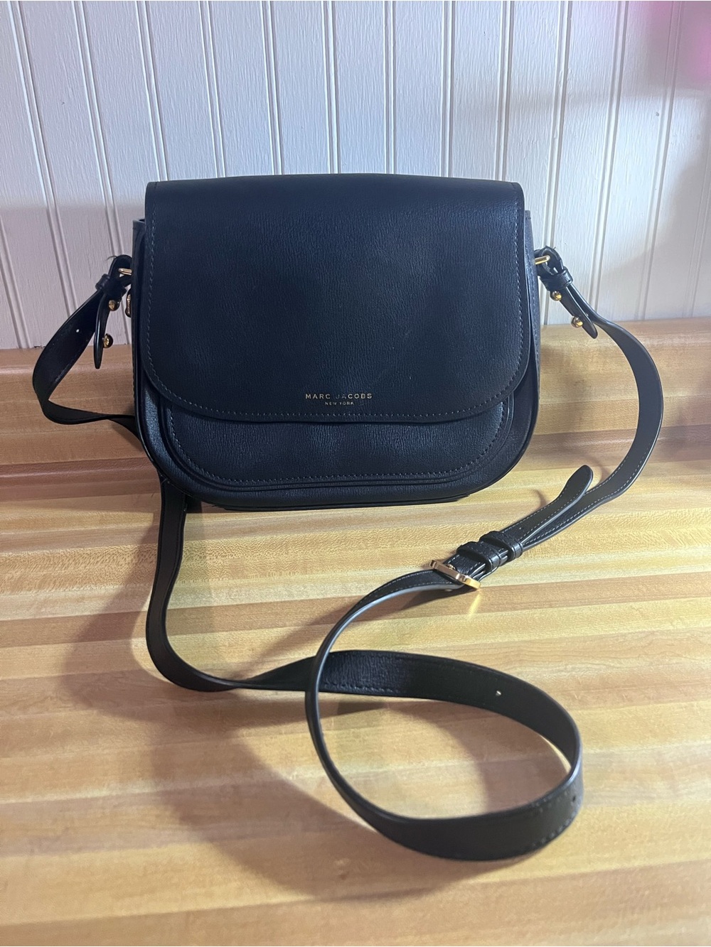 Marc Jacobs Black Leather Saddle Crossbody with Gold Hardware